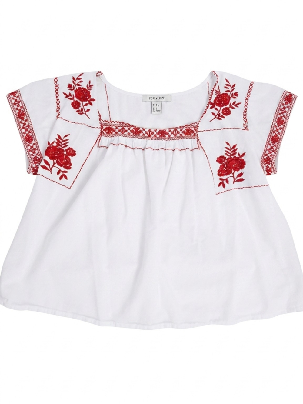 Forever 21 White Peasant Top with Red Floral Embroidery